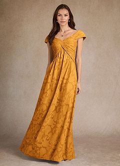 Azazie Myrtle Mother of the Bride Dresses Butterscotch A-Line Pleated Floral Burnout Dress image4