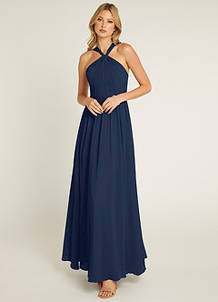 Azazie Jacey Bridesmaid Dresses Dark Navy A-Line Pleated Chiffon Dress image1