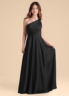 Azazie Charlize Junior A라인 주름진 스트레치 새틴 플로어 길이 주니어 신부 들러리 드레스 image4