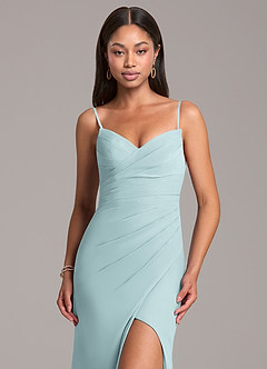 Azazie Yola Bridesmaid Dresses Mist Sheath Pleated Chiffon Convertible Dress image2