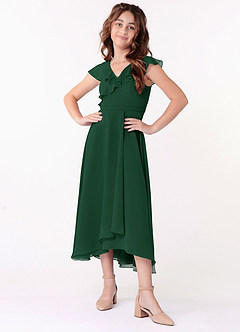 Azazie Posie Junior Dark Green A-Line Ruched Chiffon Dress image3