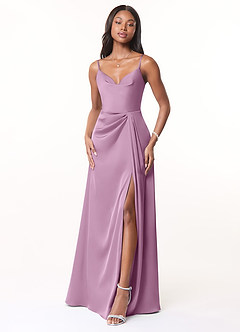 Azazie Brielle Bridesmaid Dresses Wisteria A-Line Cowl Spaghetti Straps Stretch Satin Dress image1