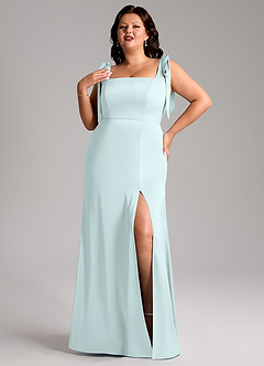 Azazie Frostine Bridesmaid Dresses Sea Glass A-Line Bow Stretch Satin Dress image9