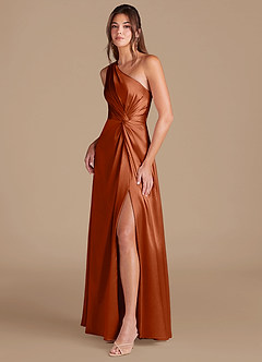Azazie Brooke At-home Try On Dresses Auburn A-Line One Shoulder Metallic Satin Dress image4