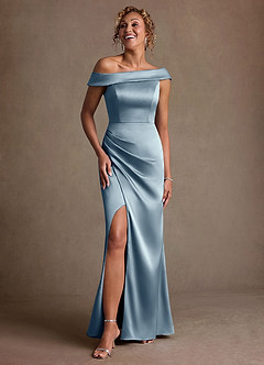 Azazie Kamala Abiti per la Madre della Sposa Abito Tubino in Raso Elasticizzato Monospalla Blu Polveroso image6