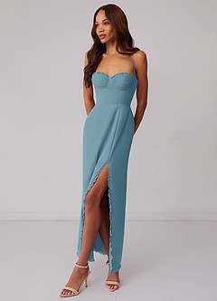 Barbie ♥ Azazie Robes de demoiselle d'honneur Robe Fourreau en Mousseline de soie Corset Bleu Maussade image2