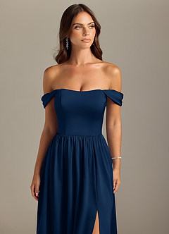 Azazie Calianna Bridesmaid Dresses Dark Navy A-Line Off the Shoulder Stretch Satin Convertible Dress image4