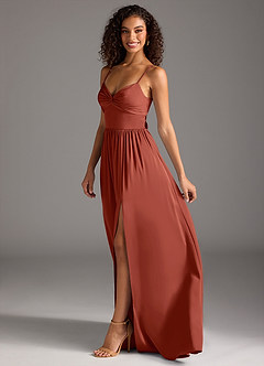 Azazie Zeya Bridesmaid Dresses Terracotta A-Line Pleated Stretch Satin Dress image7