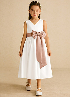 Azazie Darling Flower Girl Dresses Ivory Champagne Rose A-Line Bow Cotton Dress image4