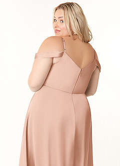 Azazie Ocean Bridesmaid Dresses Rose Gold A-Line V-Neck Pleated Stretch Satin Dress image11