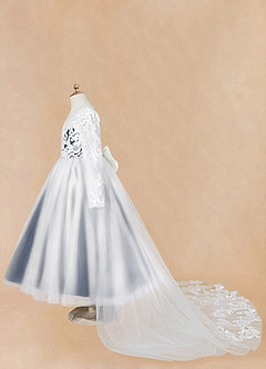 Azazie Elodie Flower Girl Dresses Ivory Dark Navy Ball-Gown Lace Dress image14