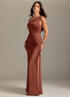 Azazie Madelyn Bridesmaid Dresses Clay Mermaid Off the Shoulder Stretch Satin Convertible Dress image3