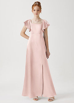 Azazie Bondi Junior Blushing Pink A-Line Side Slit Metallic Satin Dress image1