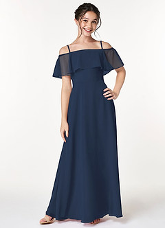 Azazie Maggie Junior Dark Navy A-Line Off the Shoulder Chiffon Dress image3