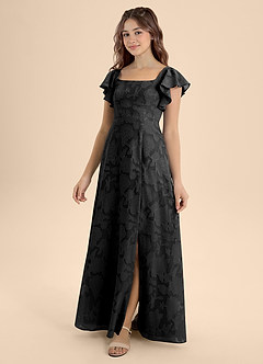 Azazie Bondi Junior Black A-Line Bow Floral Burnout Dress image1