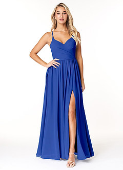 Azazie Dominic Bridesmaid Dresses Royal Blue A-Line V-Neck Pleated Chiffon Dress image1