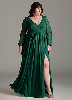 Azazie Norah Bridesmaid Dresses Emerald A-Line V-Neck Long Sleeve Chiffon Dress image9