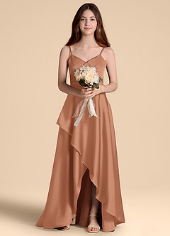 Azazie Prisha Junior Abito A-Line in Raso Elasticizzato Plissettato Bronzo image6