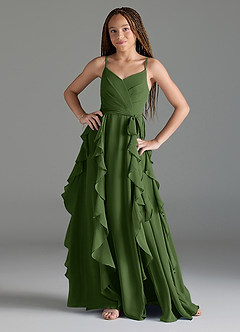 Azazie Peyton Junior Olive A-Line V-Neck Cascading Ruffles Chiffon Dress image1