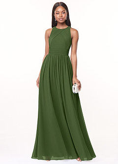 Azazie Harper Bridesmaid Dresses Olive A-Line Pleated Chiffon Dress image1
