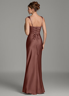 Azazie Mela At-home Try On Dresses Dusty Rose Sheath Corset Stretch Satin Dress image6
