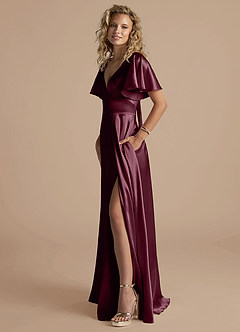 Azazie Kimber Bridesmaid Dresses Cabernet A-Line Ruched Metallic Satin Dress image3
