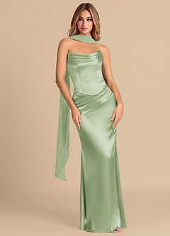 Azazie Sorrel Robes de demoiselle d'honneur Robe Sirène Convertible en Satiné métallisé Corset Vert Sauge image3