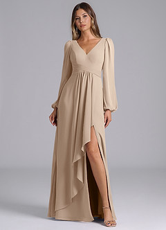 Azazie Liah Vestidos de damas de honor Vestido de Gris Pardo de Gasa de Corte en A con Manga larga image1