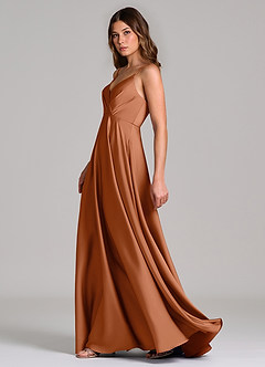 Azazie Amani Bridesmaid Dresses Copper A-Line Pleated Stretch Satin Dress image3