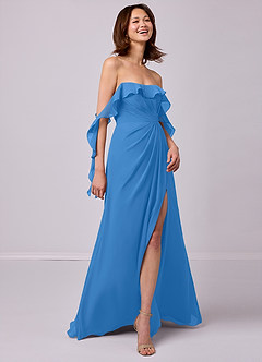Barbie ♥ Azazie Jurken voor bruidsmeisjes Converteerbaar Jurk van Chiffon met A-Lijn Off the Shoulder Blauwe Gaai image5