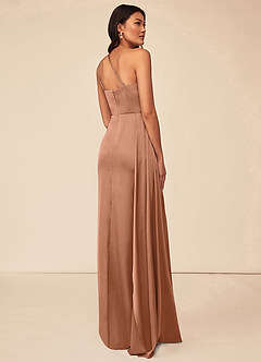 Azazie Maron Bridesmaid Dresses Bronzer A-Line One Shoulder Stretch Satin Dress image4