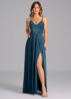 Azazie Sarella Bridesmaid Dresses Blue Topaz A-Line Pleated Velvet Dress image6