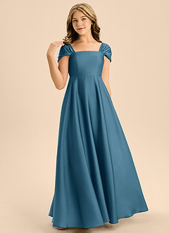 Azazie Rowena Junior A라인 절하다 스트레치 새틴 플로어 길이 주니어 신부 들러리 드레스 image4