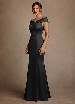 Azazie Aberdeen Mother of the Bride Dresses Black Sheath Pleated Stretch Satin Dress image3