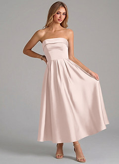 Azazie Lucienne 신부 들러리 드레스 A라인 주름진 스트레치 새틴 발목 길이 드레스 image5