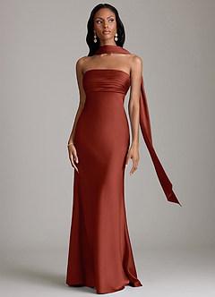 Azazie Saylor Vestidos de damas de honor Vestido de Terracota de Satén Elástico de Corte Sirena con Sin tirantes image9