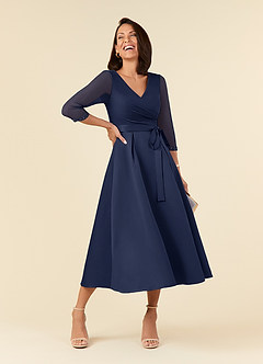 Azazie Maritza Mother of the Bride Dresses Dark Navy A-Line Pleated Matte Satin Dress image5