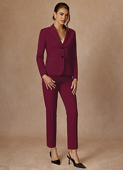 front Whitney Burgundy Structured Stretch Full Length Pants Suit