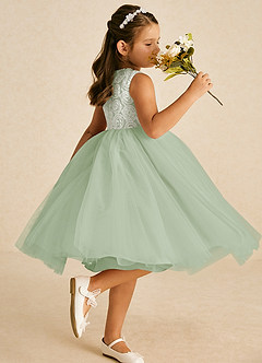 Azazie Missy Flower Girl Dresses Ivory Dusty Sage A-Line Sleeveless Tulle Dress image3
