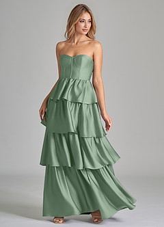 Azazie Faye Vestidos de damas de honor Vestido de Matcha de Satén Elástico de Corte en A con Volante image6