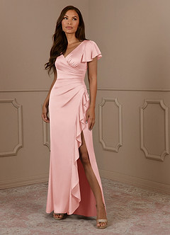 Azazie Roya Mother of the Bride Dresses Powder Pink Mermaid V-Neck Pleated Stretch Satin Dress image1