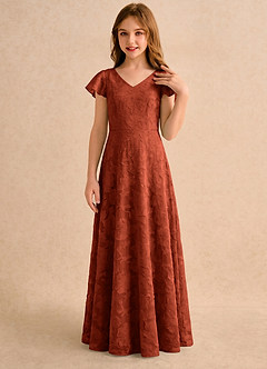 Azazie Narin Girls Formal Flower Girl Dresses Auburn A-Line with Sleeves Floral Burnout Dress image3