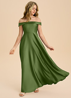 Azazie Sissy Junior Abito A-Line in Raso Elasticizzato a Spalla Scoperta Ginepro image5