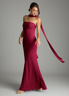 Azazie Saylor Vestidos de damas de honor Vestido Borgoña de Gasa de Corte Sirena con Palabra de honor image8