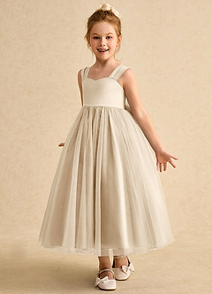Azazie Chickadee Flower Girl Dresses Champagne Ball-Gown Sweetheart Neckline Matte Satin Dress image2