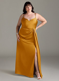 Azazie Brielle Bridesmaid Dresses Butterscotch A-Line Cowl Spaghetti Straps Stretch Satin Dress image6