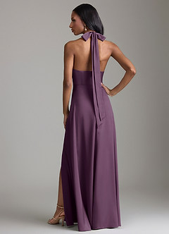 Azazie Tracie Bridesmaid Dresses Plum A-Line Side Slit Stretch Satin Dress image2