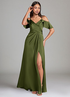 Azazie Dakota Brautjungfernkleider A-Linie Schulterfrei Stretch-Satin Kleid Olivgrün image4
