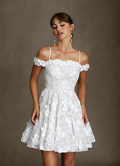 Azazie Dolly Wedding Dresses Diamond White A-Line Off the Shoulder Lace Dress image4