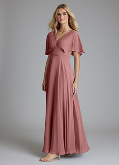Azazie Pamela Vestidos de damas de honor Vestido de Rosa Del Desierto de Gasa de Corte en A con Cuello en V plisado image3